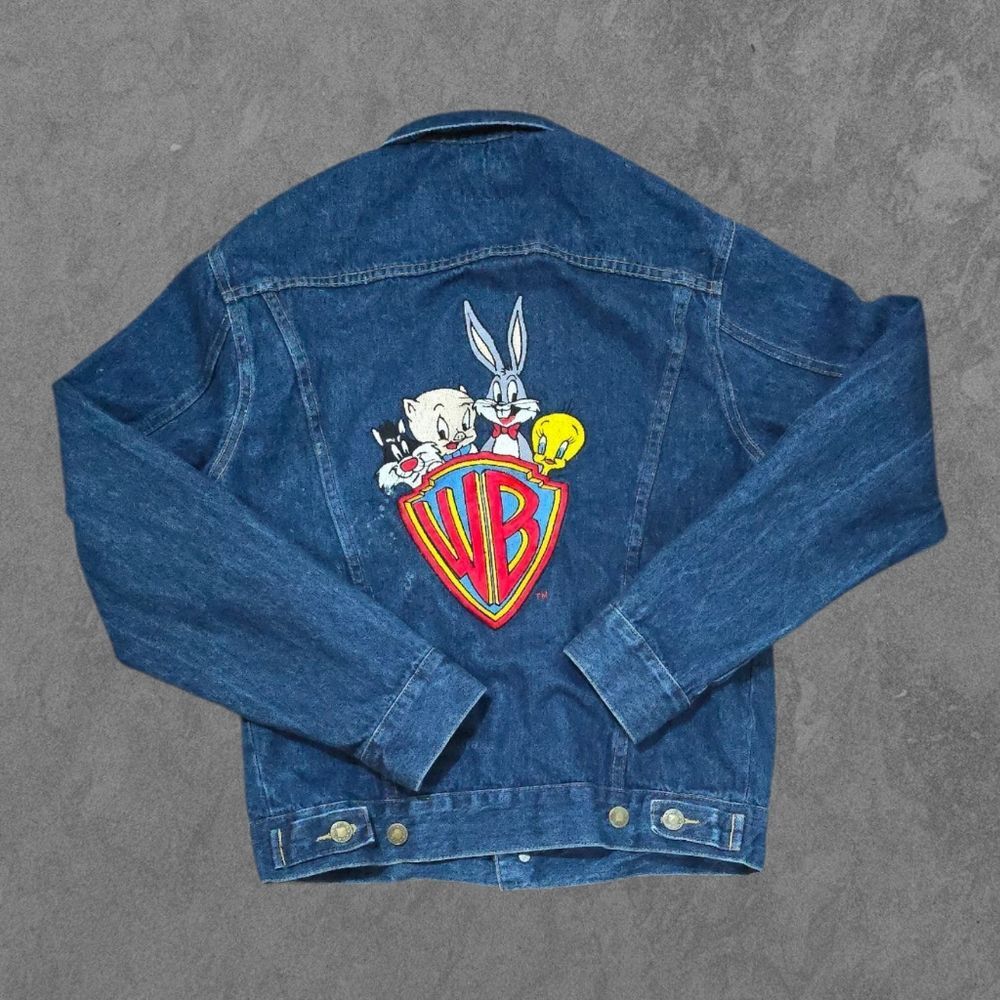 Vintage Warner Bros WB Looney Tunes Logo Denim Jeans Jacket 80s Adult Small USA